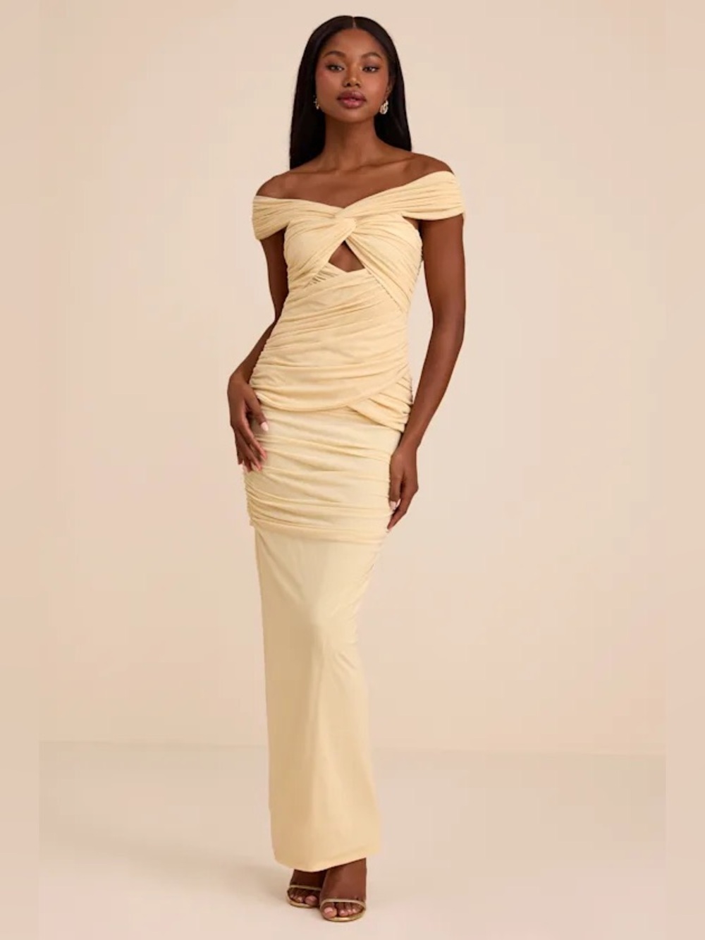 Lulus Jakaya Pale Yellow Mesh Off-the-Shoulder Maxi Dress